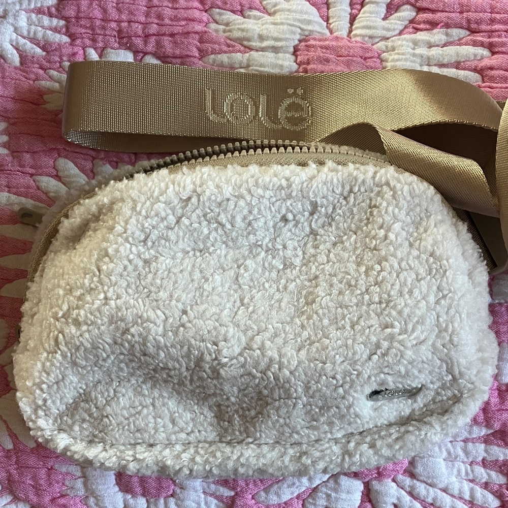 Lole Cream Shearling Crossbody Bag with Tan Strap